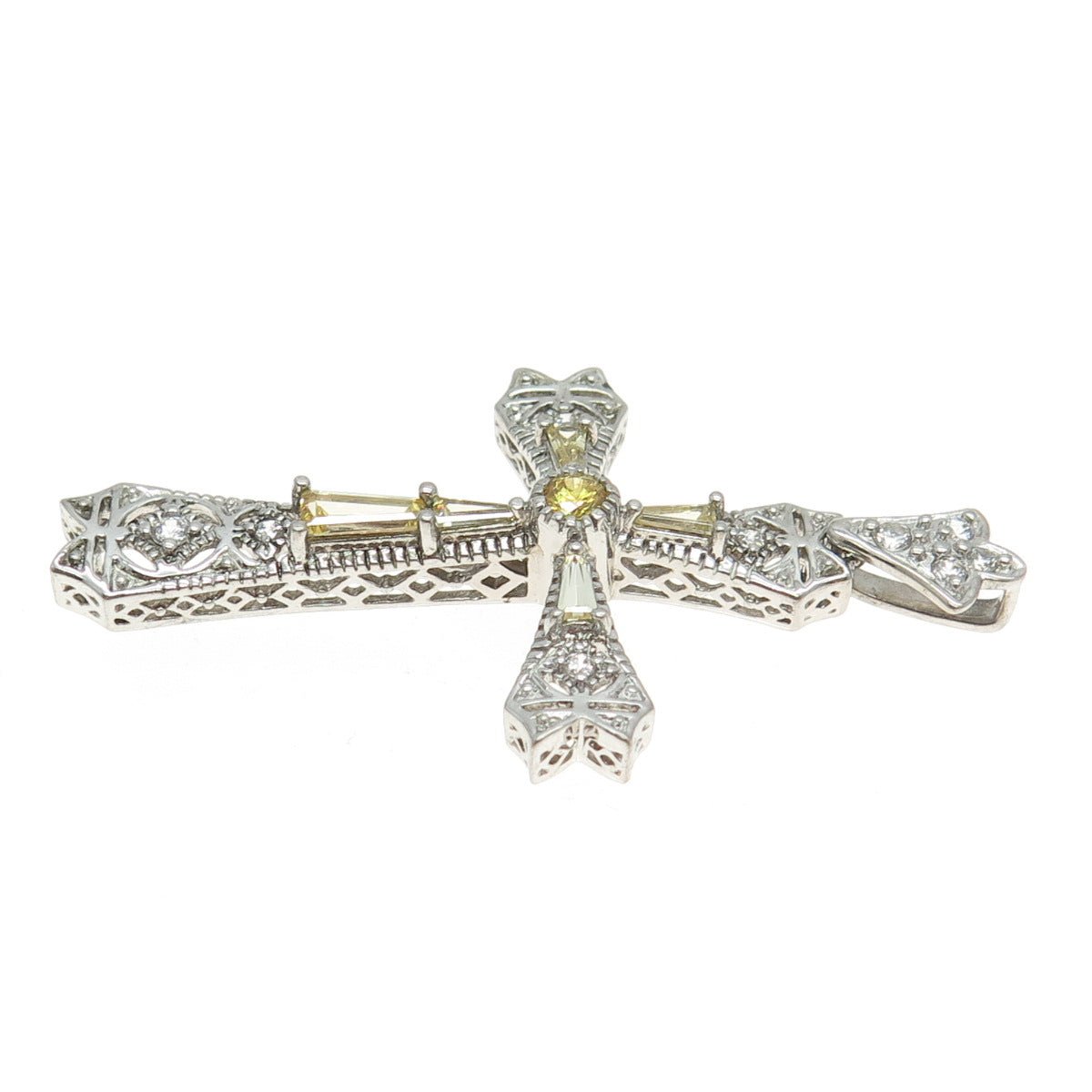 ROSS SIMONS 925 Sterling Silver White & Lemon C Z Ornate Cross Pendant