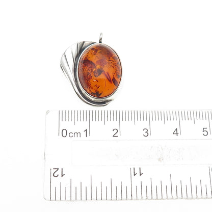 925 Sterling Silver Vintage Real Amber Modernist Floral Oxidized Charm Pendant