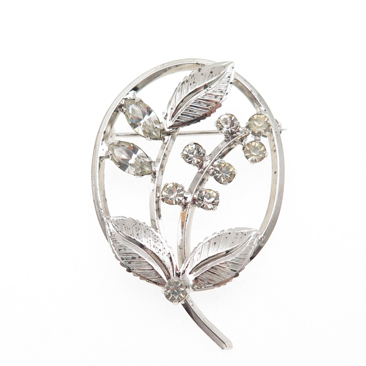 925 Sterling Silver Antique Art Deco Rhinestone Floral Pin Brooch