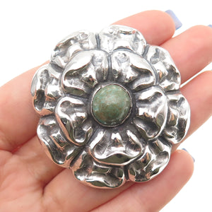 925 Sterling Silver Vintage Mexico Real Turquoise Flower Oxidized Pin Brooch