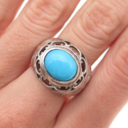 925 Sterling Silver Vintage Real Turquoise Floral Oxidized Ring Size 6.25