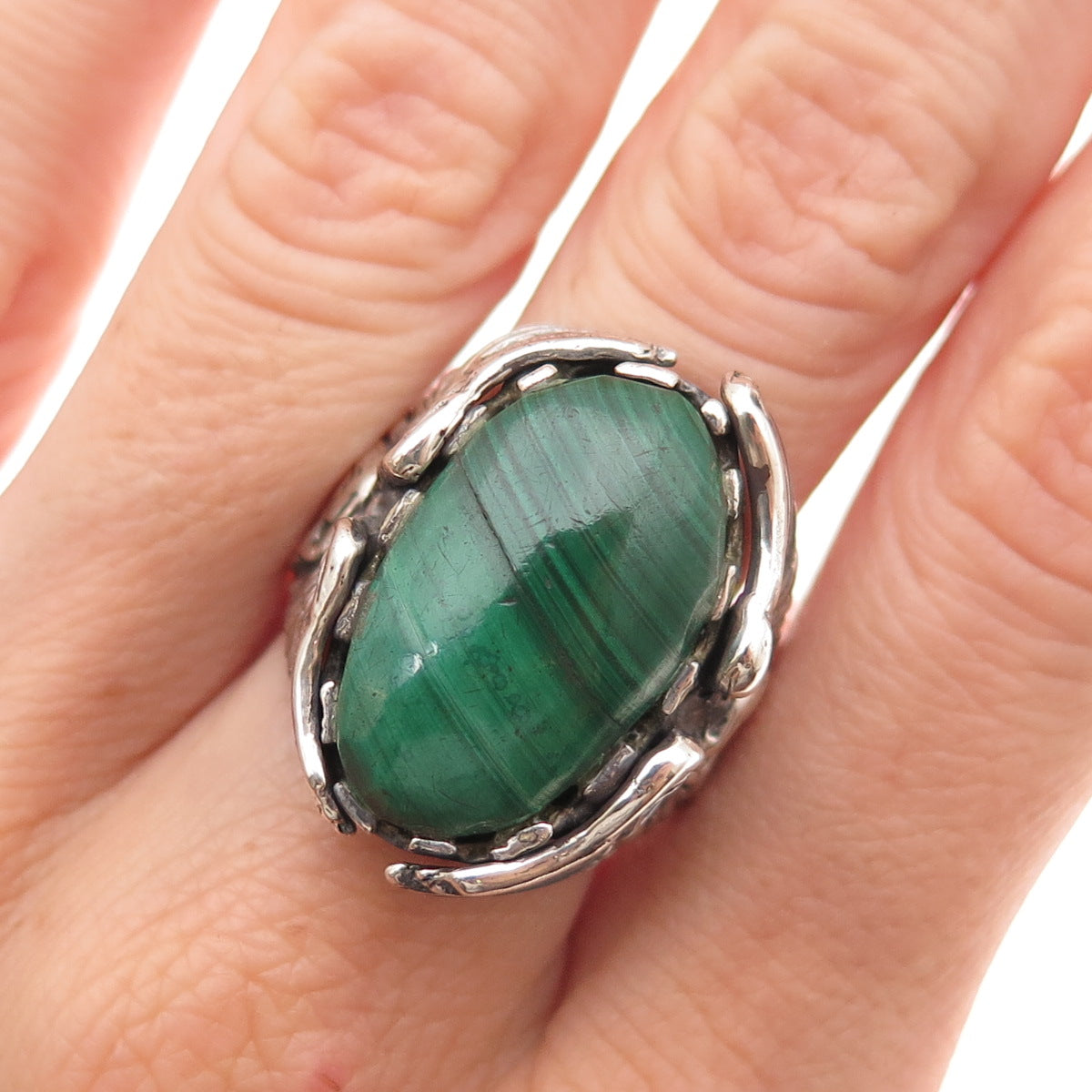 925 Sterling Silver Vintage Real Malachite Eagle Oxidized Ring Size 11