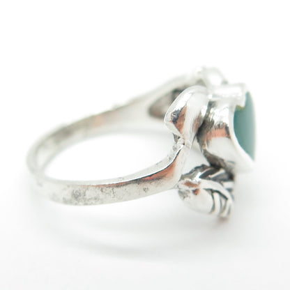 925 Sterling Silver Vintage Real Green Onyx Heart & Flower Ring Size 6.75