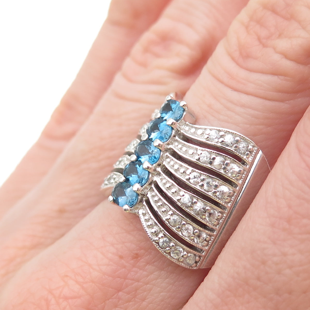 925 Sterling Silver Real London Blue & White Topaz Multi-Row Ring Size 7.5