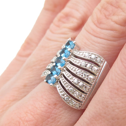 925 Sterling Silver Real London Blue & White Topaz Multi-Row Ring Size 7.5