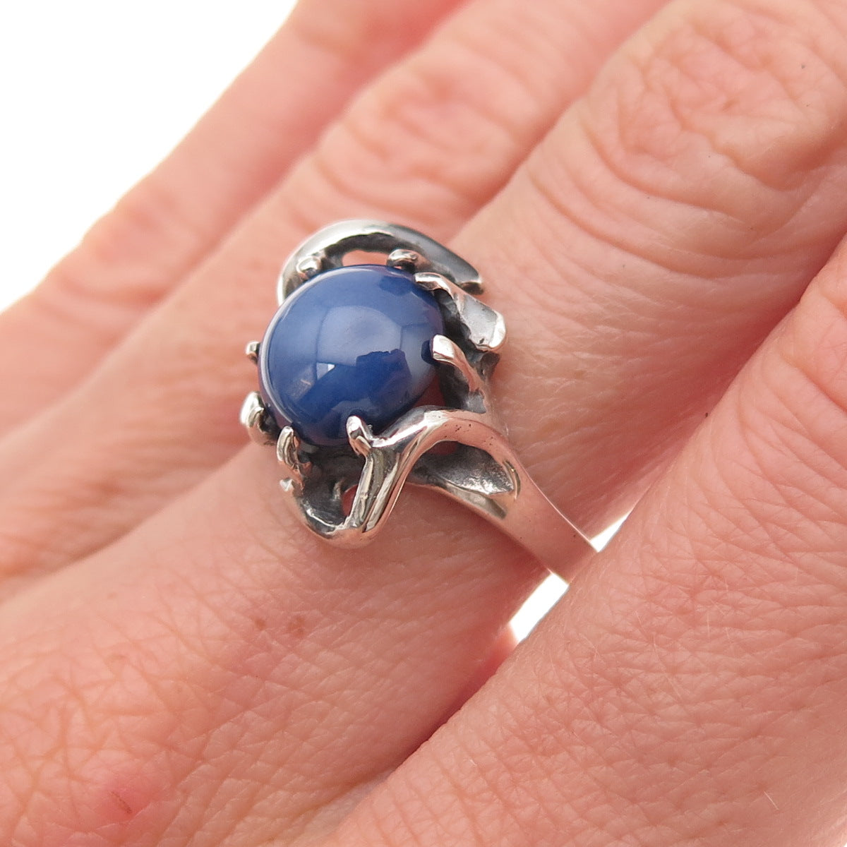 925 Sterling Silver Vintage Real Sapphire Modernist Oxidized Ring Size 7.25