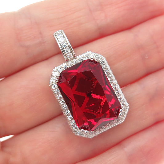 925 Sterling Silver Emerald-Cut Red & Round-Cut White C Z Charm Pendant