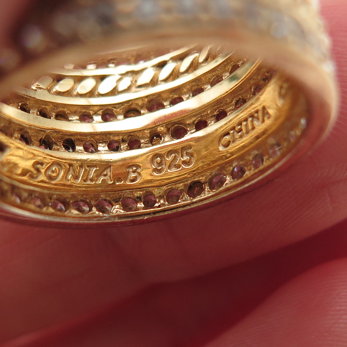 SONIA B. 925 Sterling Silver Gold Plated Round-Cut C Z Wide Band Ring Size 7.5