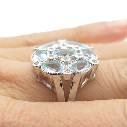 925 Sterling Silver Real White & Blue Sapphire Cluster Ring Size 7