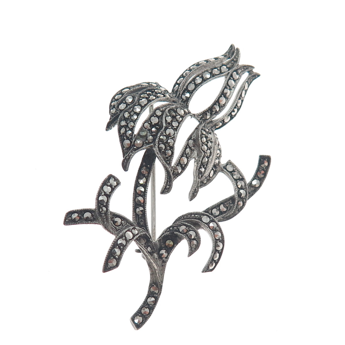925 Sterling Silver Antique 1955 SGW Birmingham Marcasite Flower Oxidized Brooch