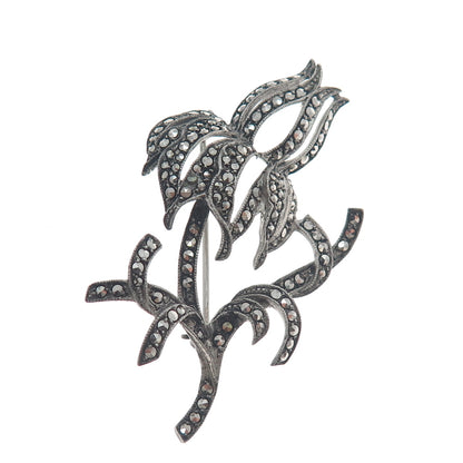 925 Sterling Silver Antique 1955 SGW Birmingham Marcasite Flower Oxidized Brooch