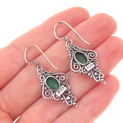 925 Sterling Silver Vintage Real Malachite Oxidized Beaded Dangle Earrings