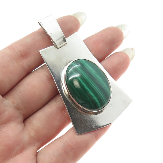 M. KAYE 925 Sterling Silver Vintage Real Cabochon Malachite Modernist Pendant