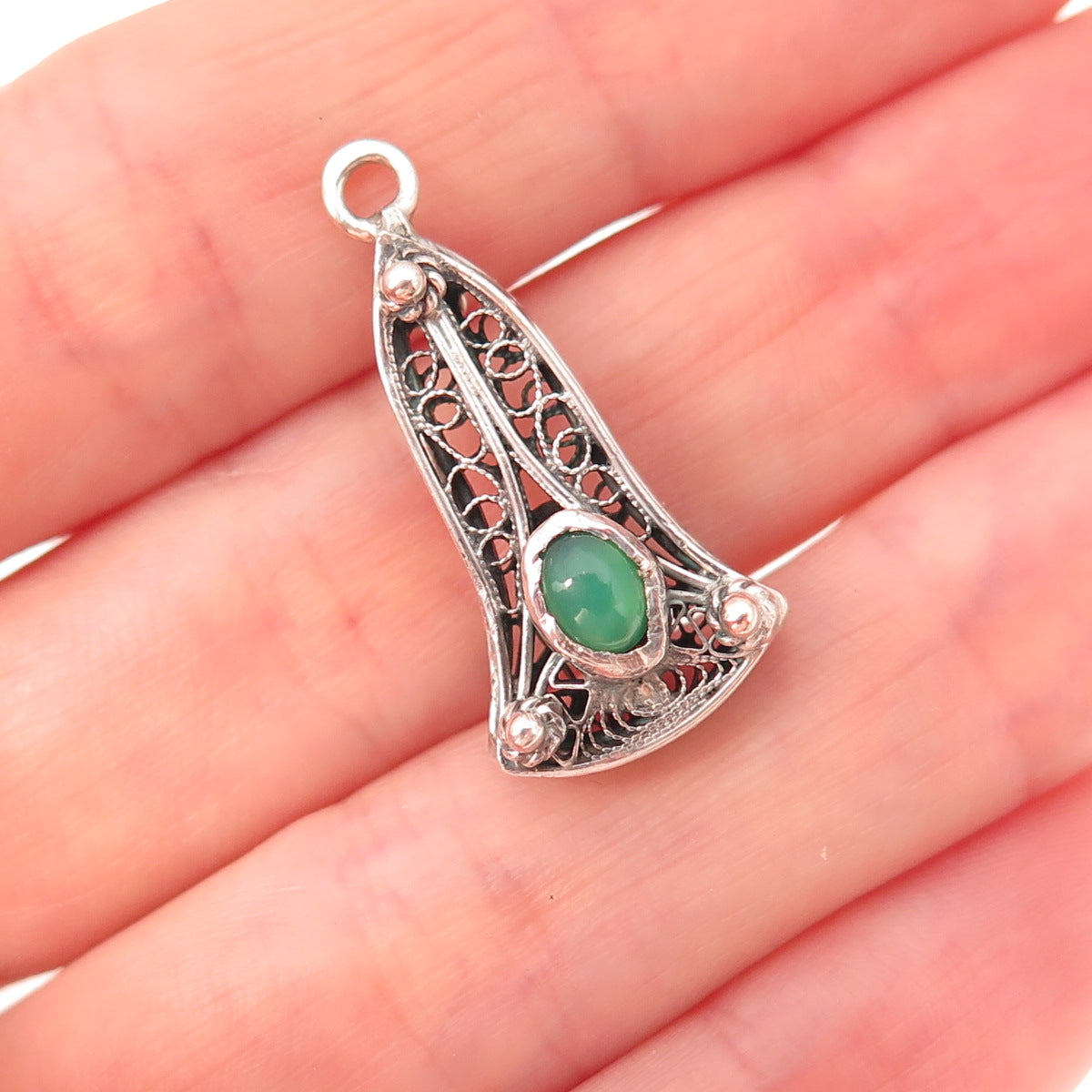 800 Silver Antique Art Deco Real Green Onyx Bell Filigree Oxidized Charm Pendant