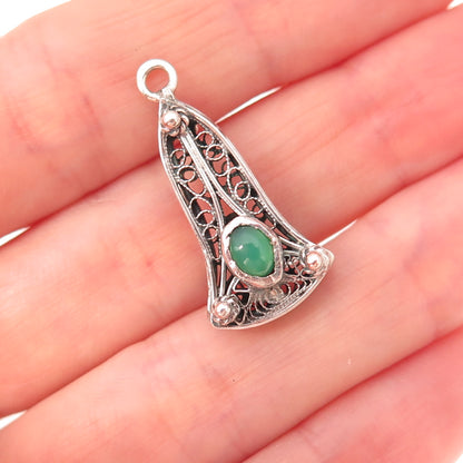 800 Silver Antique Art Deco Real Green Onyx Bell Filigree Oxidized Charm Pendant