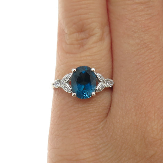 925 Sterling Silver Real London Blue Topaz & C Z Ring Size 5