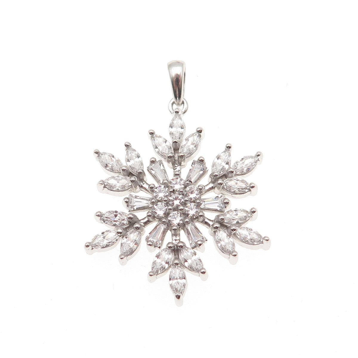 925 Sterling Silver Round Marquise & Tapered Baguette-Cut C Z Snowflake Pendant