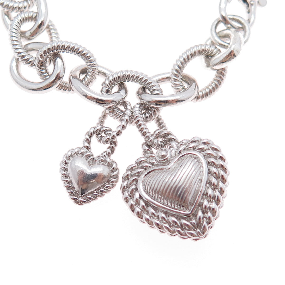 JUDITH RIPKA Sterling Silver Real Rose Quartz & C Z Heart Charm Bracelet 6.5"