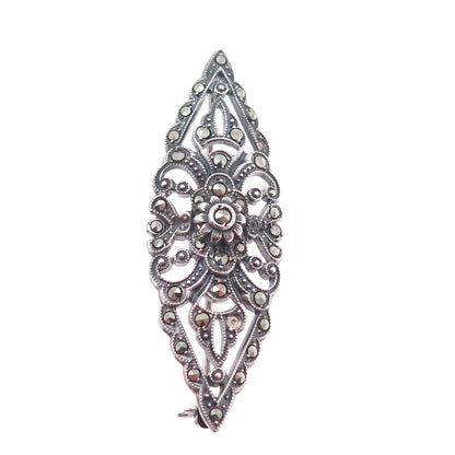 925 Sterling Silver Antique Art Deco Real Marcasite Brooch (missing 2 stones)