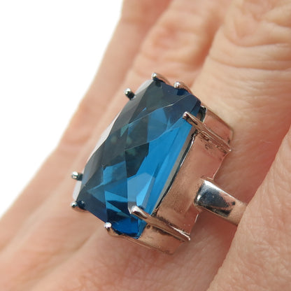 925 Sterling Silver Vintage Ocean Blue C Z Modernist Ring Size 8.5