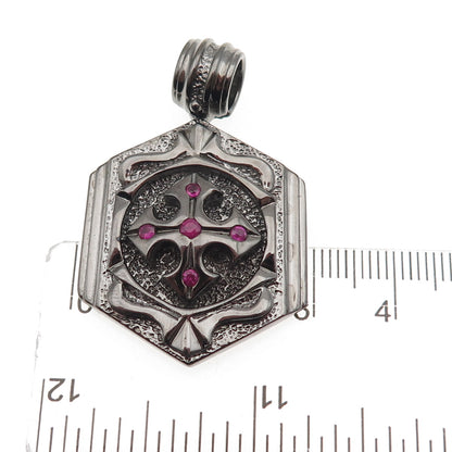 Jolusa 925 Sterling Silver Black Rhodium Real Ruby Floral Cross Pendant