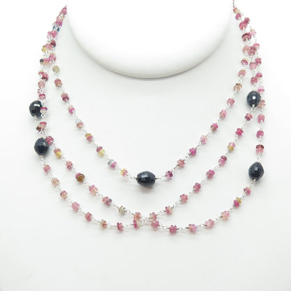 925 Sterling Silver Vintage Real Sapphire & Ruby Beads Long Chain Necklace 44"