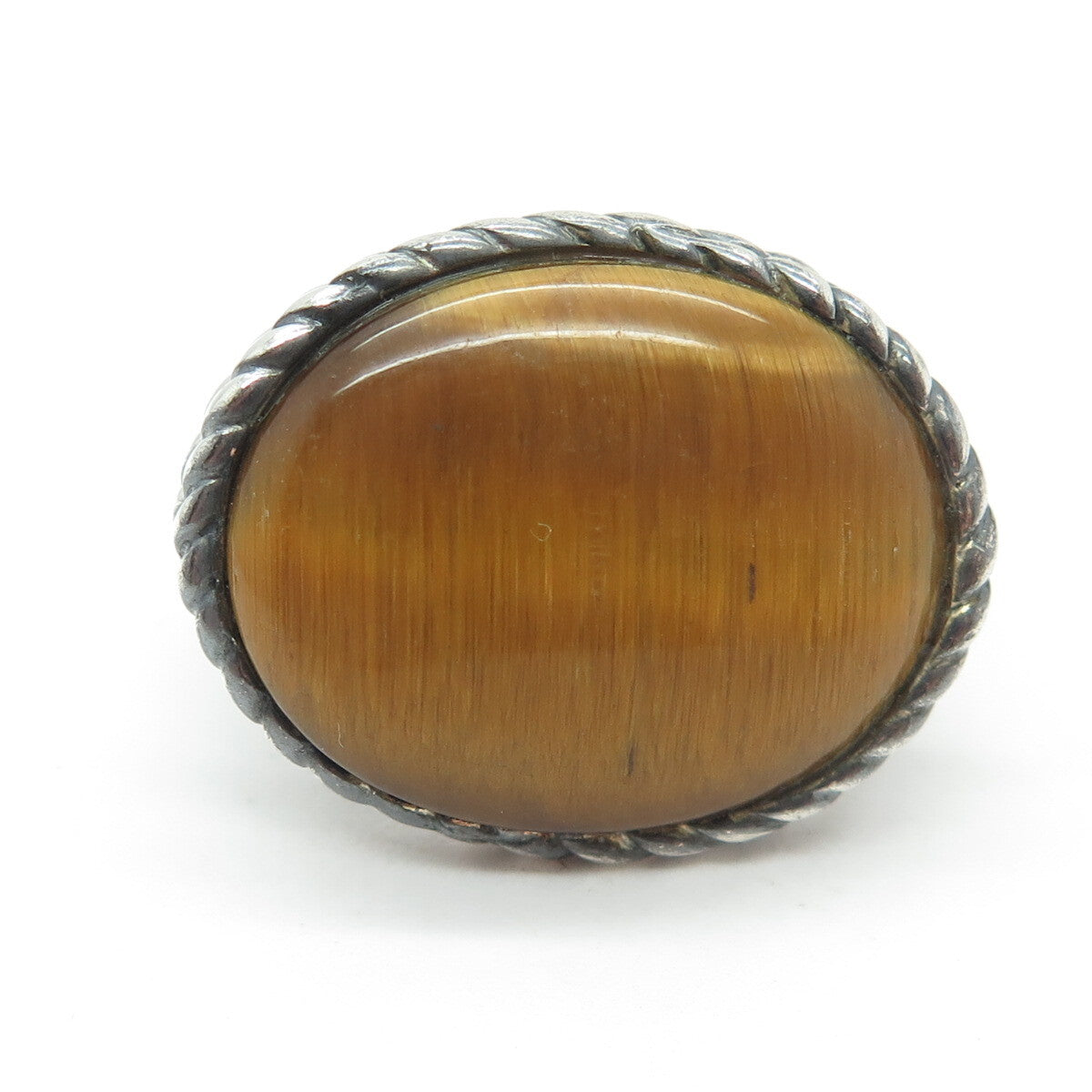 925 Sterling Silver Vintage Real Tiger Eye Modernist Roped Ring Size 7