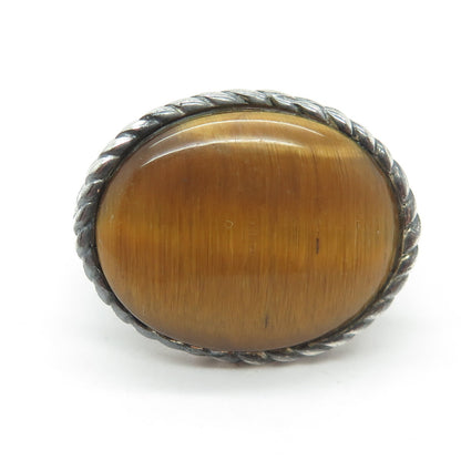 925 Sterling Silver Vintage Real Tiger Eye Modernist Roped Ring Size 7