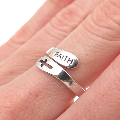 925 Sterling Silver Vintage Faith Cross Adjustable Bypass Ring Size 6.75