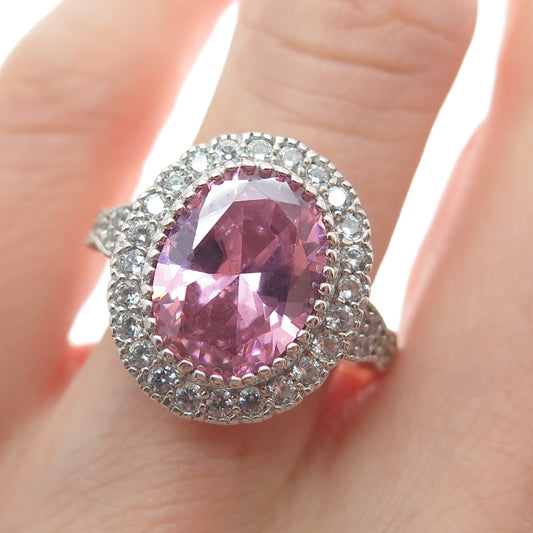 925 Sterling Silver Oval-Cut Pink & Round-Cut White C Z Ring Size 7.75