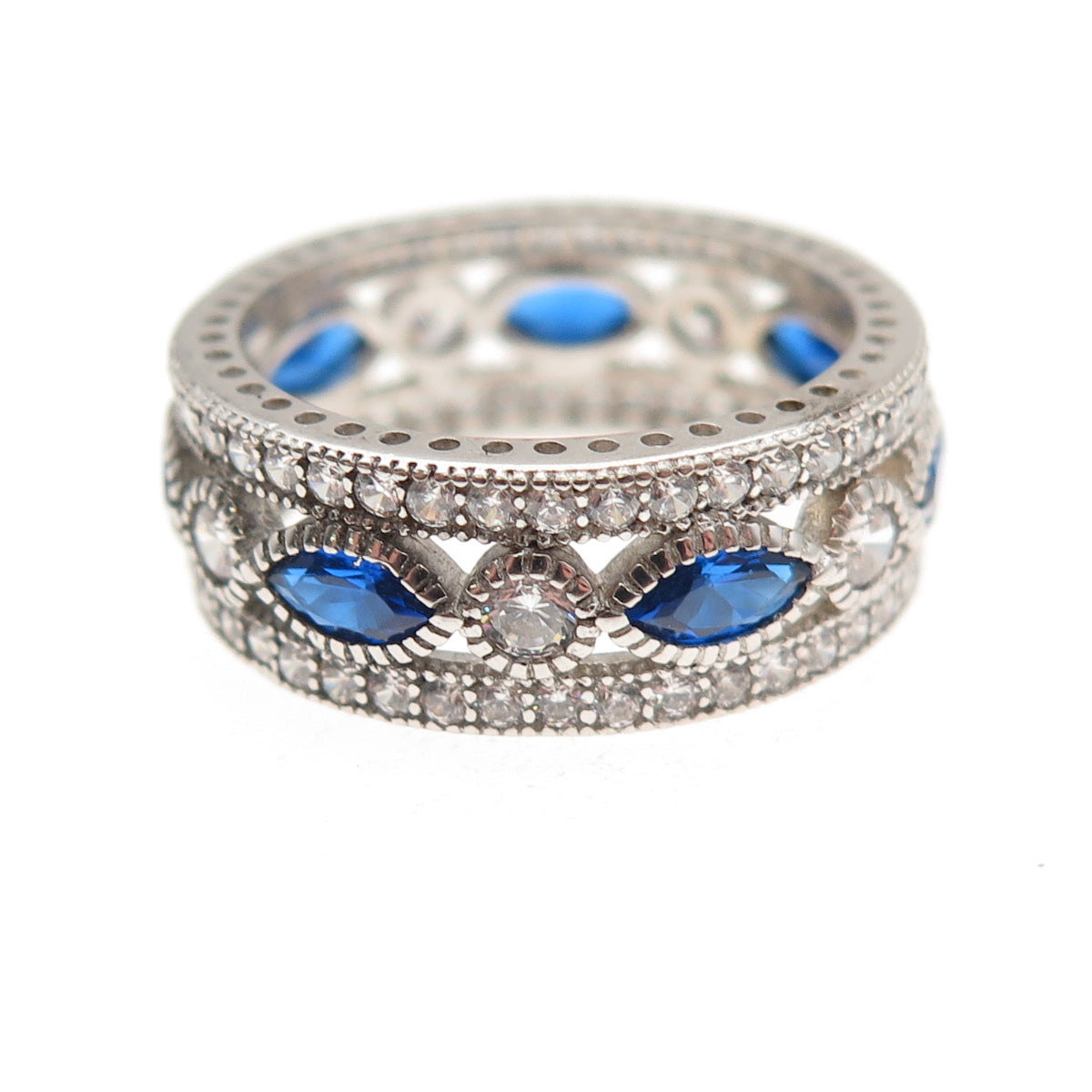 925 Sterling Silver Blue & White C Z All Around Band Ring Size 6.25