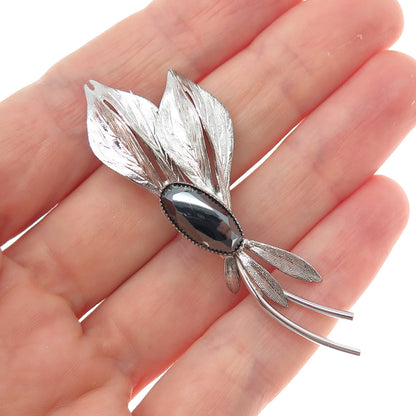 CURTIS CREATIONS 925 Sterling Silver Antique Real Hematite Flora Leaf Pin Brooch