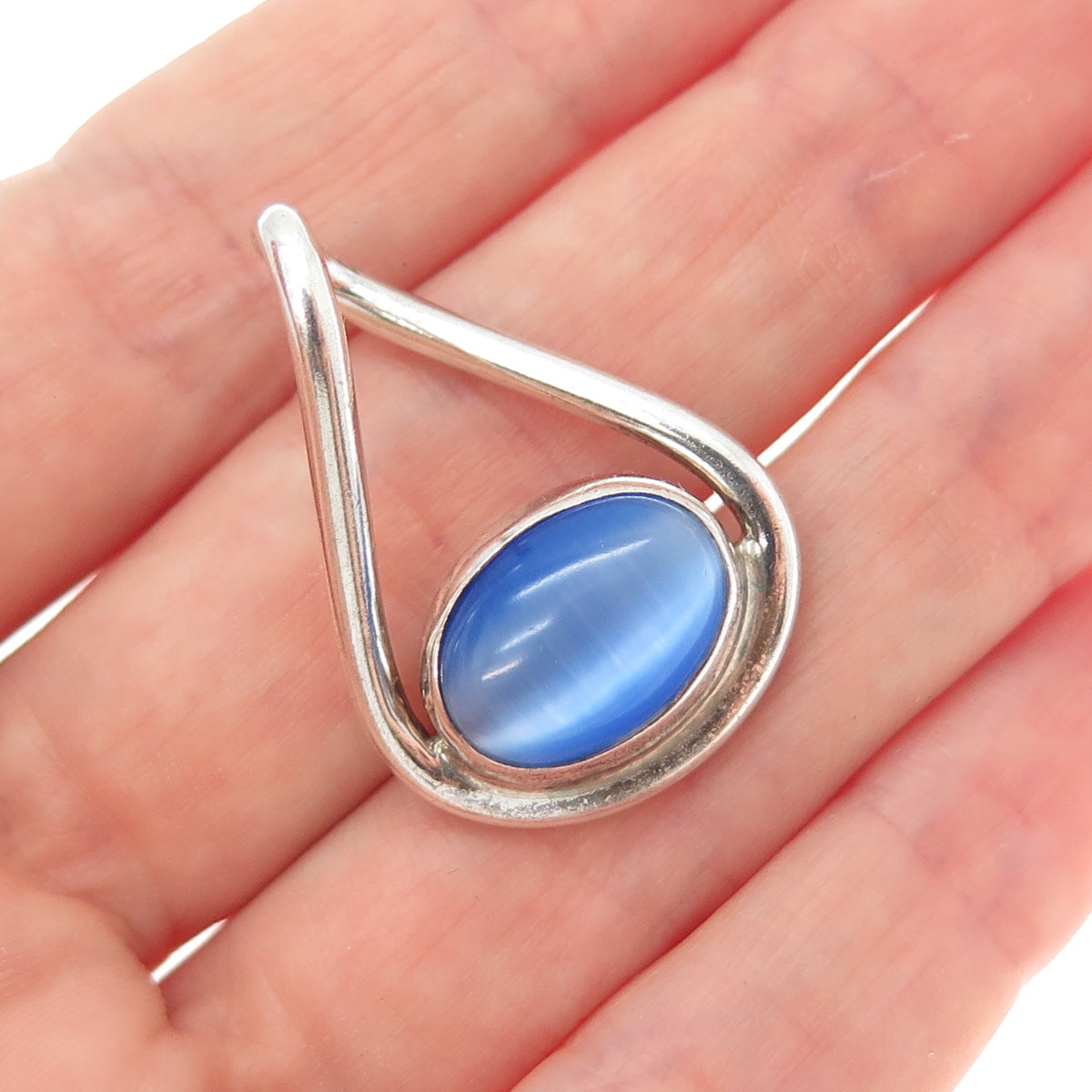 925 Sterling Silver Vintage Optic Fiber Cat's Eye Teardrop Charm Pendant