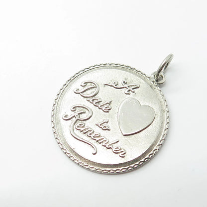 925 Sterling Silver Vintage "A Date To Remember" Heart Round Pendant