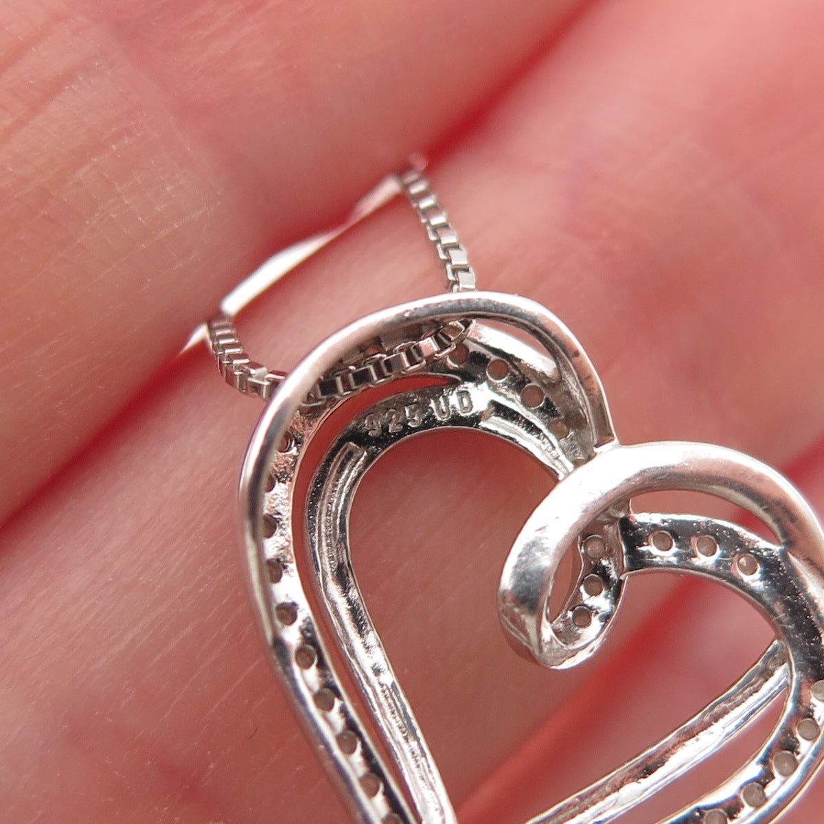 925 Sterling Silver Real Round-Cut Diamond Heart Box Chain Necklace 18"