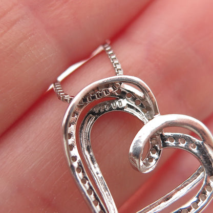 925 Sterling Silver Real Round-Cut Diamond Heart Box Chain Necklace 18"