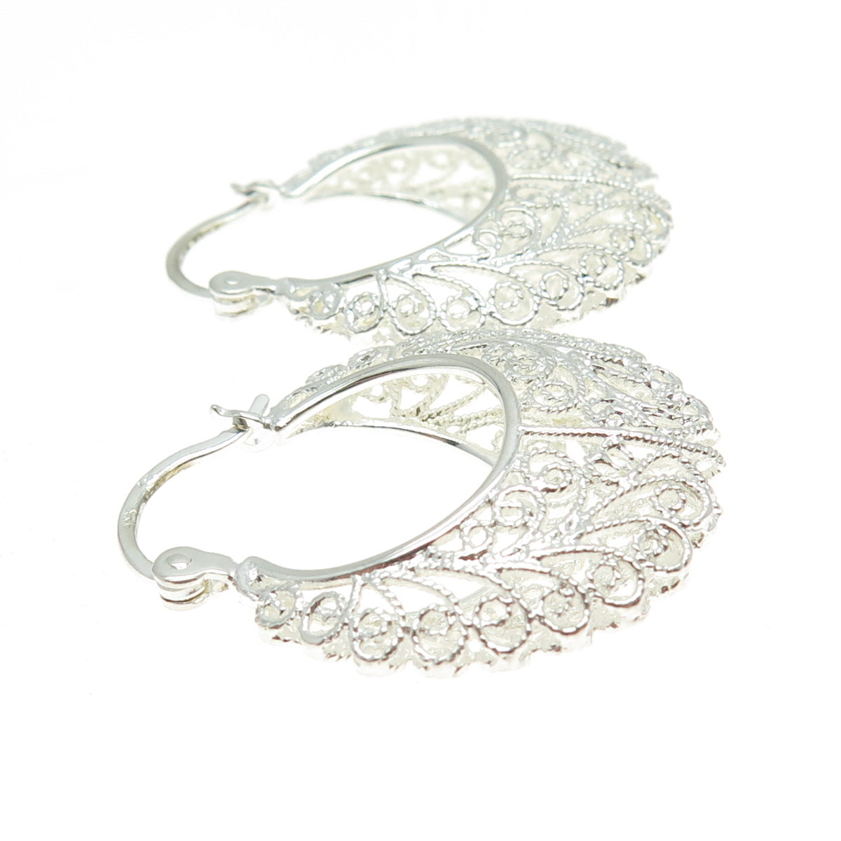 925 Sterling Silver Vintage Ornate Filigree Hoop Earrings