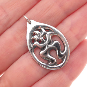 925 Sterling Silver Vintage Modernist Floral Teardrop Oxidized Charm Pendant