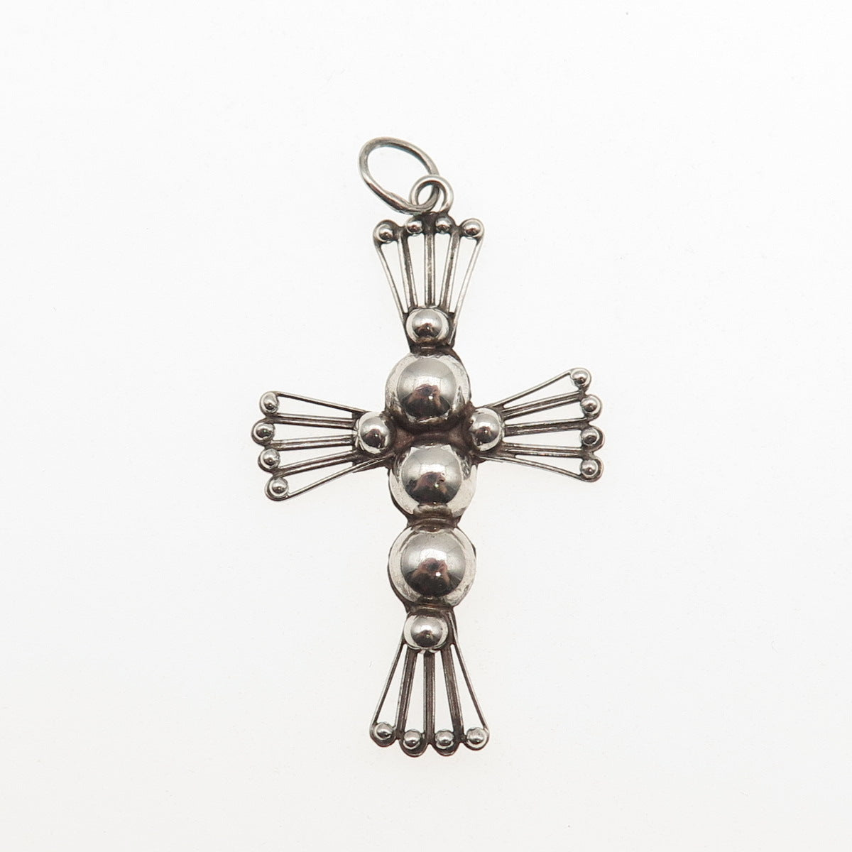 925 Sterling Silver Vintage Mexico Cross Beaded Oxidized Charm Pendant