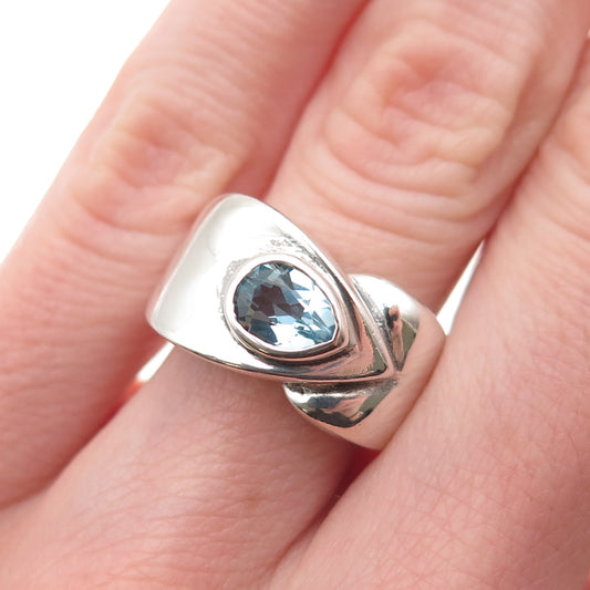 925 Sterling Silver Vintage OWB Real Blue Topaz Modernist Ring Size 5.5