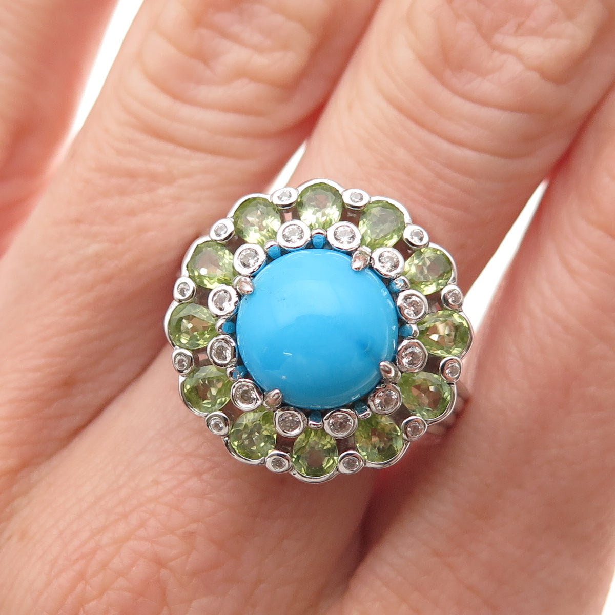 Chuck Clemency Sterling Silver Real Turquoise Peridot & White Topaz Ring Size 8