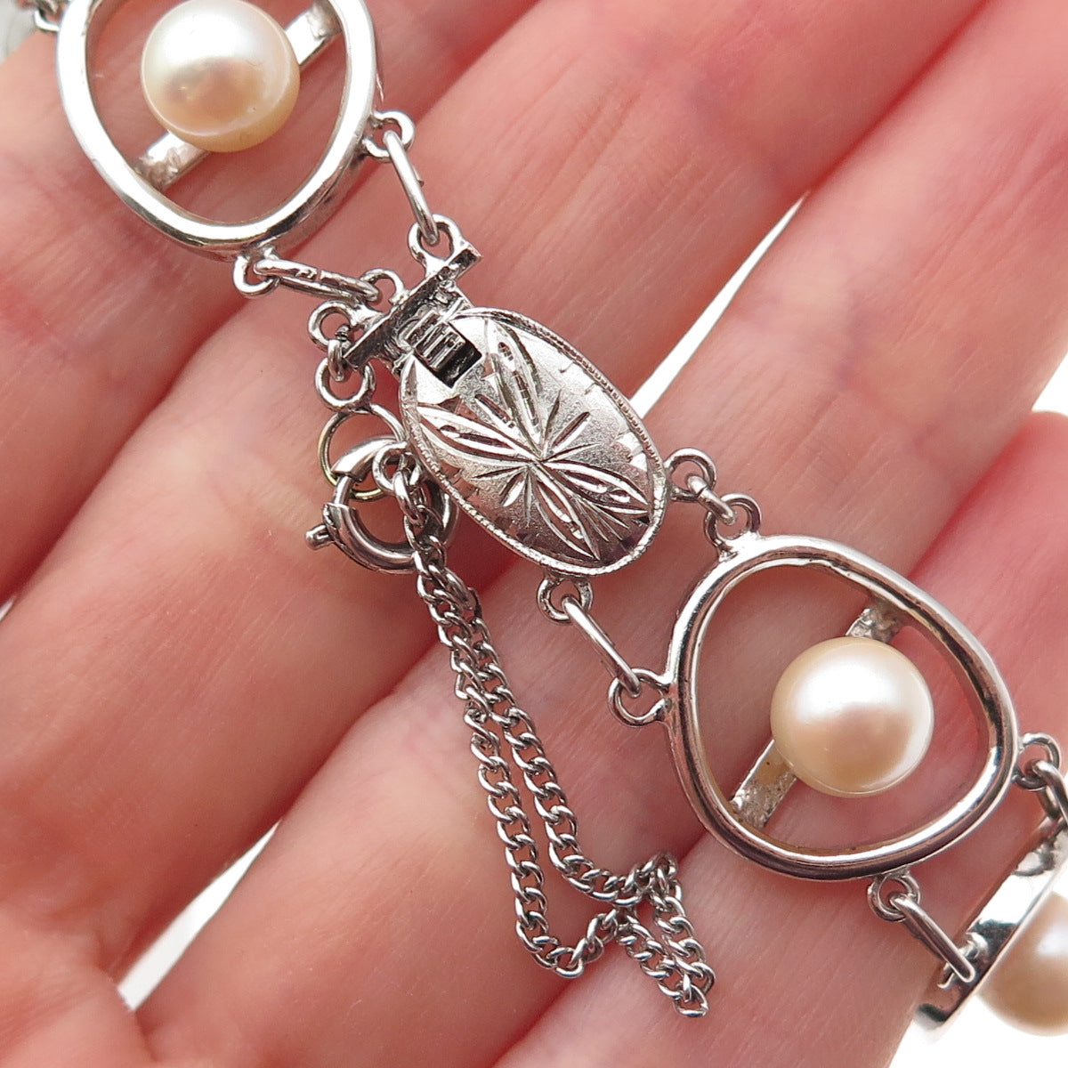925 Sterling Silver Antique Japan Real Akoya Pearl Bracelet 6.5"