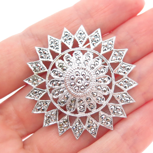 925 Sterling Silver Vintage Real Marcasite Flower Pin Brooch