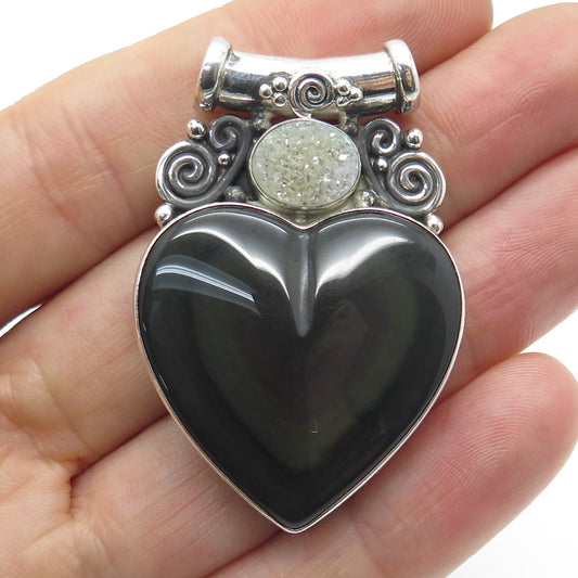 SAJEN 925 Sterling Silver Vintage Real Black Obsidian Druzy Heart Slide Pendant