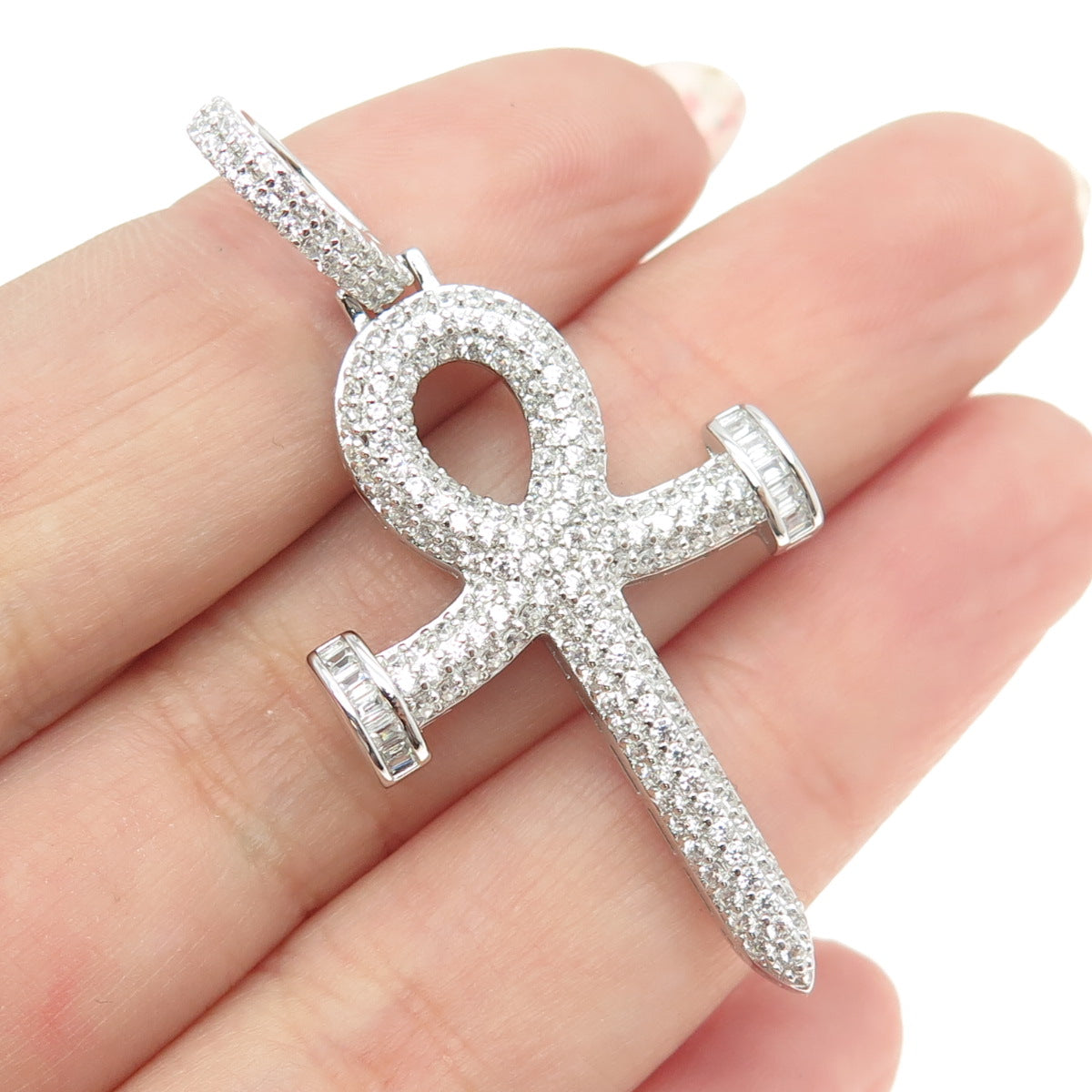 925 Sterling Silver Pave C Z Ankh Cross Pendant