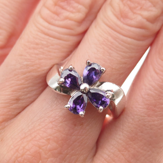 925 Sterling Silver Vintage Real Pear-Cut Amethyst Floral Oxidized Ring Size 8