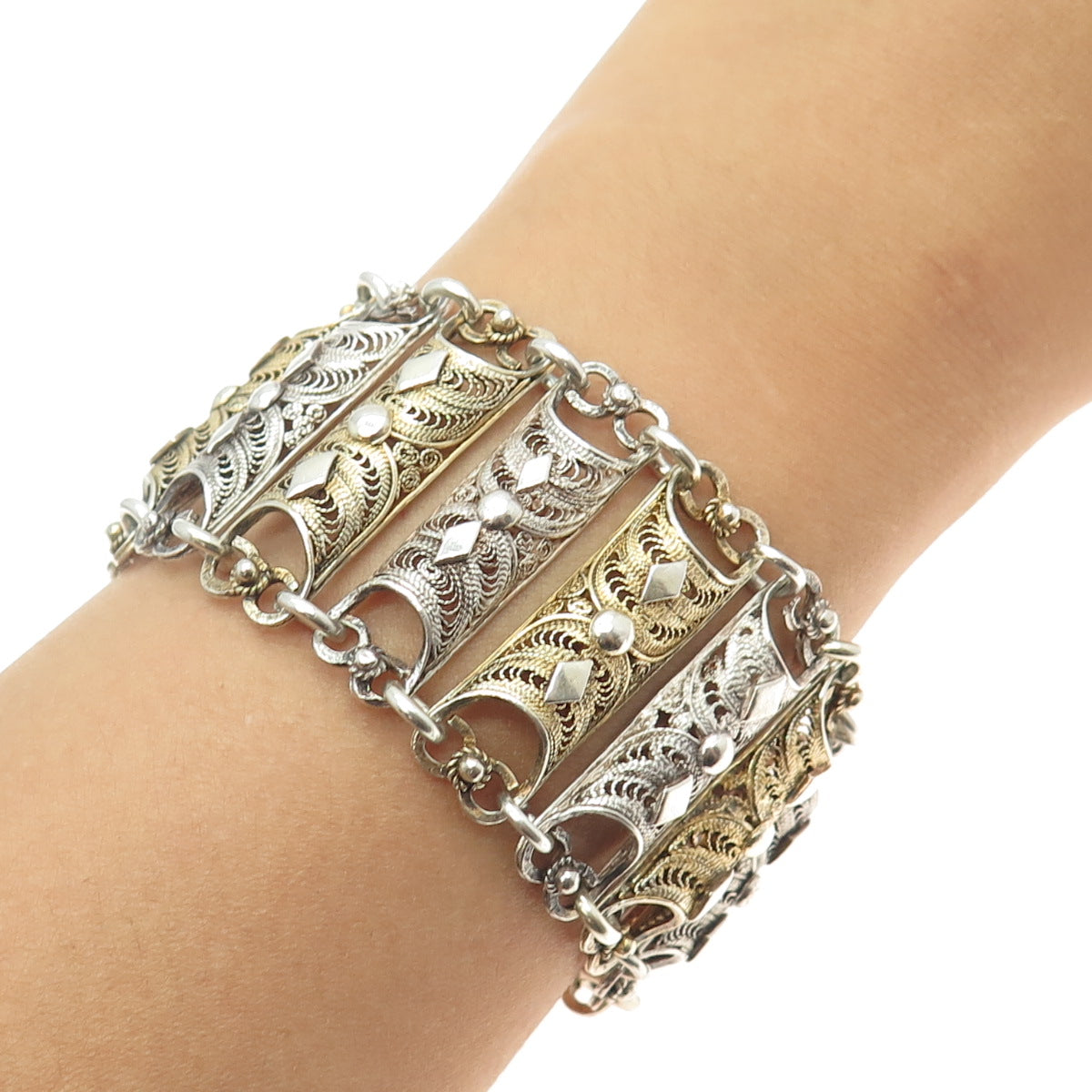 925 Sterling Silver 2-Tone Vintage Filigree Panel Solid 61.7g Wide Bracelet 7.5"