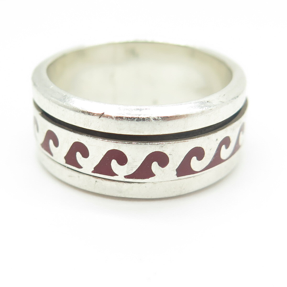925 Sterling Silver Vintage Mexico Enamel Water Pattern Band Ring Size 10.5