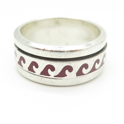 925 Sterling Silver Vintage Mexico Enamel Water Pattern Band Ring Size 10.5