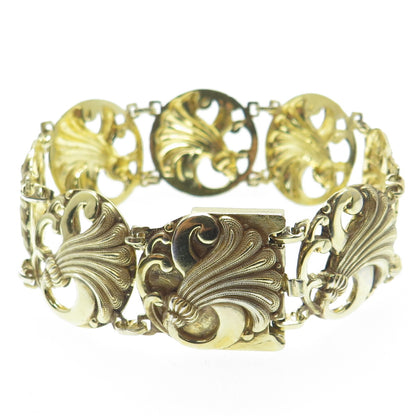 925 Sterling Silver Gold Plated Antique Art Deco Flower Panel Link Bracelet 7"